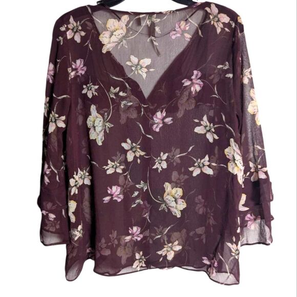Lauren Conrad Sheer Purple & Cream Floral Ruffle Bell Sleeve Blouse Top Womens l - Picture 2 of 5
